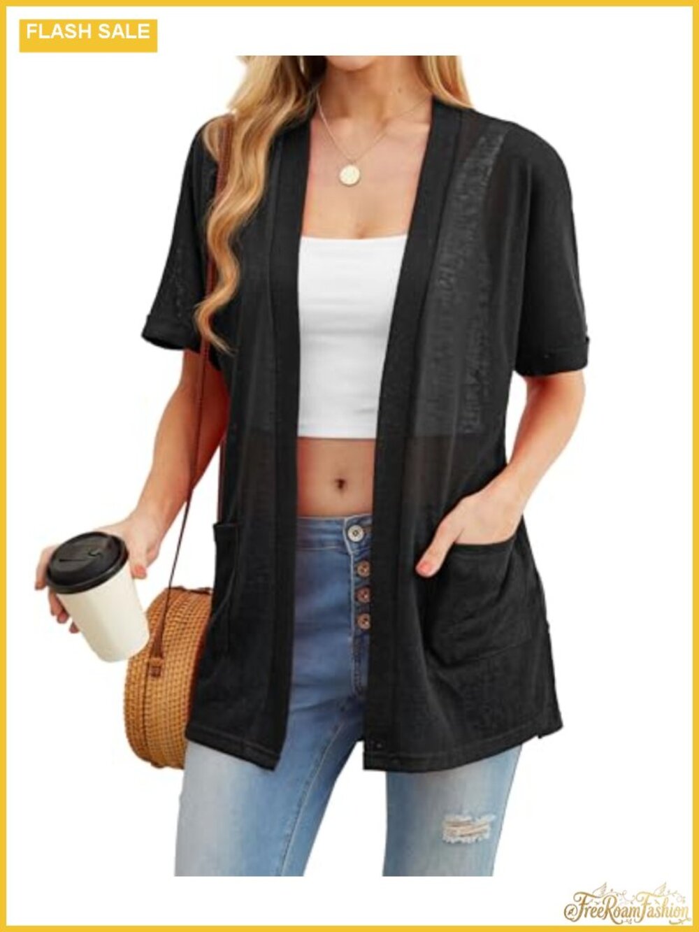 PRINSTORY Short Sleeve Sheer Knit Cardigan Cover Up with Pockets